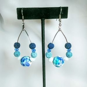 Space Planetary style Blue Green Beaded Earrings